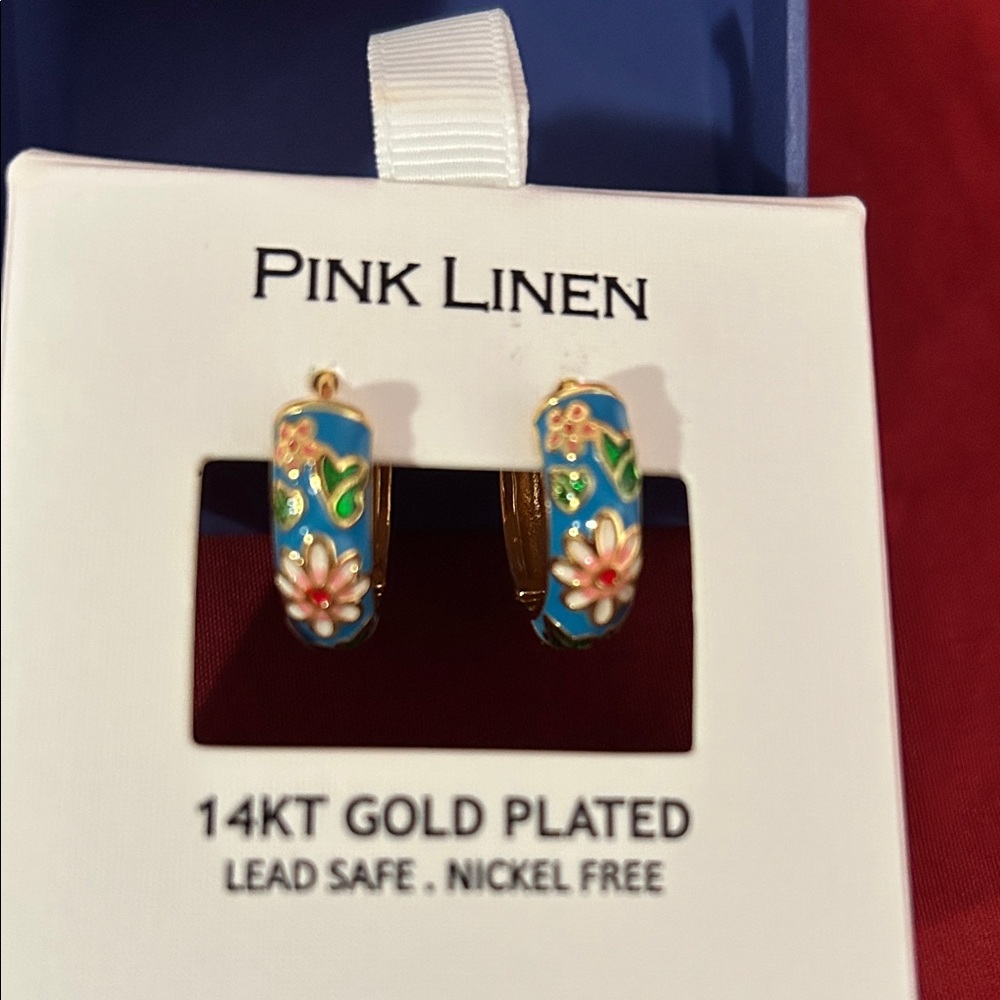 Pink Linen Gold Plated Floral Hoop Earrings